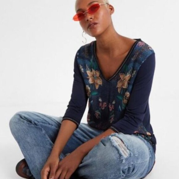Desigual Tops - Desigual Blue Graphic Floral Embellished V-Neck Viscose Top Shirt XL